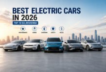 Best electric cars in 2026 lineup showing top EV models in modern city with focus on performance range charging and value