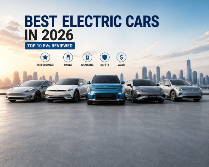 Best electric cars in 2026 lineup showing top EV models in modern city with focus on performance range charging and value
