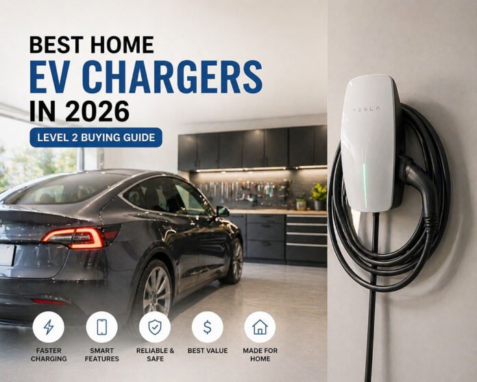 Best home EV chargers in 2026 featured image showing modern electric vehicle charging in premium garage