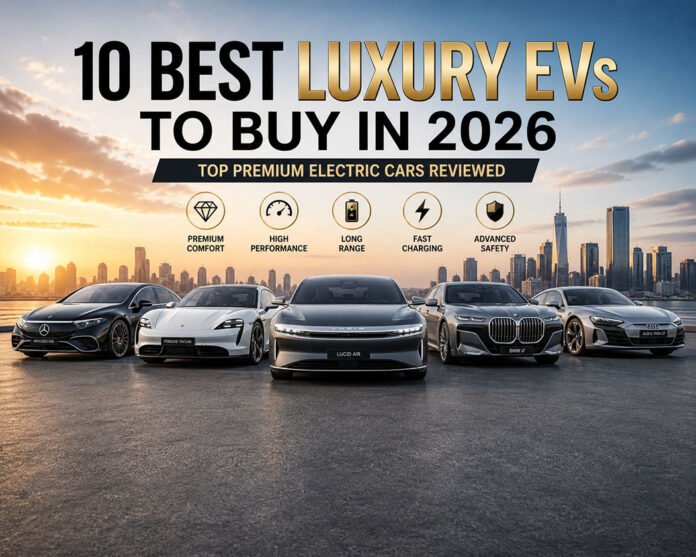 Best luxury EVs in 2026 lineup showing premium electric cars in modern city with focus on performance comfort range and advanced technology