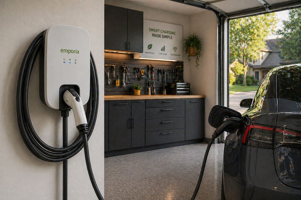 Emporia EV Charger Level 2 home charger installed in modern garage charging electric vehicle