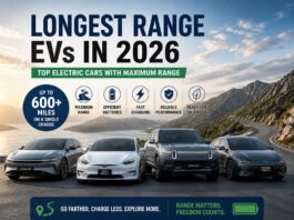 10 Longest Range Electric Cars to Buy in 2026 Longest range EVs in 2026 lineup showing electric cars with maximum driving range up to 600 miles in scenic road environment