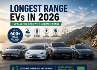 10 Longest Range Electric Cars to Buy in 2026 Longest range EVs in 2026 lineup showing electric cars with maximum driving range up to 600 miles in scenic road environment