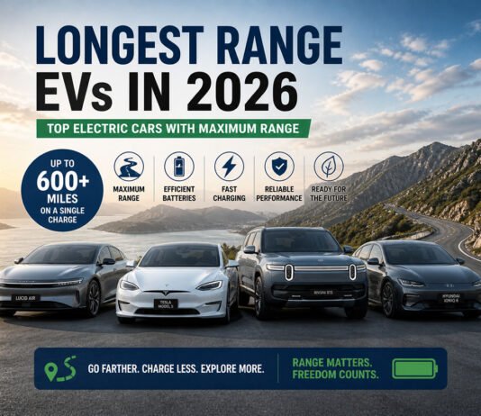 10 Longest Range Electric Cars to Buy in 2026 Longest range EVs in 2026 lineup showing electric cars with maximum driving range up to 600 miles in scenic road environment