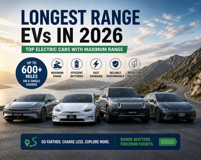 Longest range EVs in 2026 lineup showing electric cars with maximum driving range up to 600 miles in scenic road environment