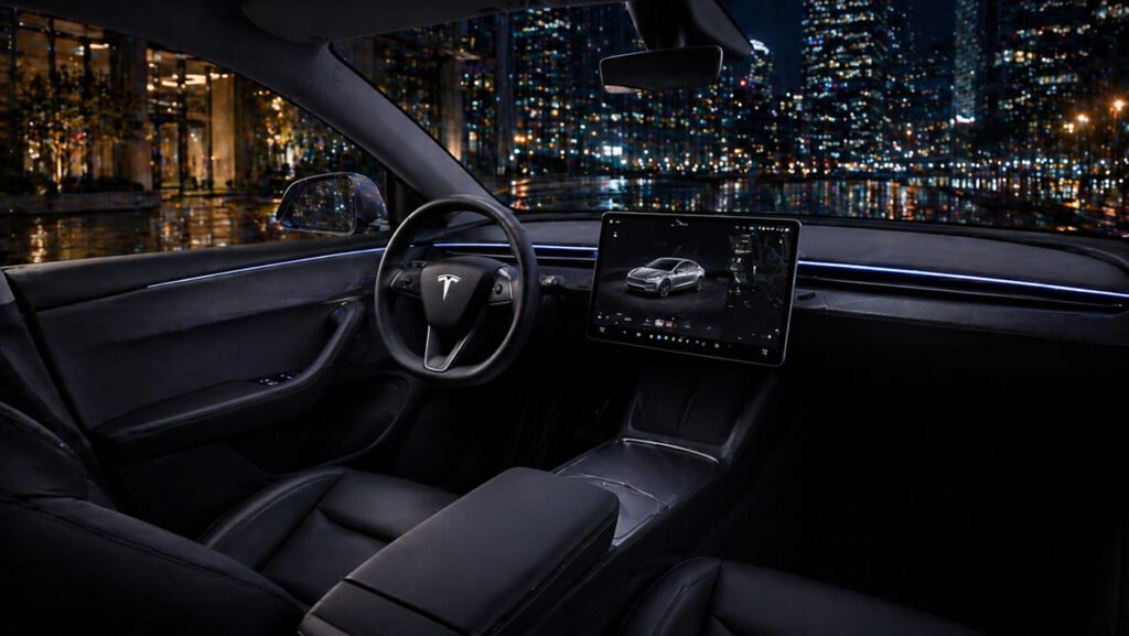 Tesla Model Y Juniper cabin interior view at night showing minimalist dashboard touchscreen premium seats and city skyline