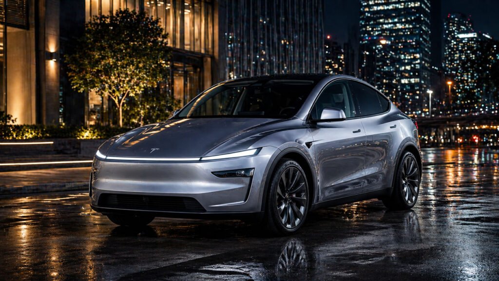 Tesla Model Y Juniper front 3/4 view at night in modern city with premium lighting and wet pavement reflections