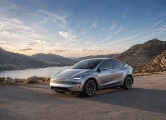Tesla Model Y Juniper Review 2026: Worth the Upgrade? Tesla Model Y Juniper Review 2026 featured image showing redesigned Tesla electric SUV with scenic background