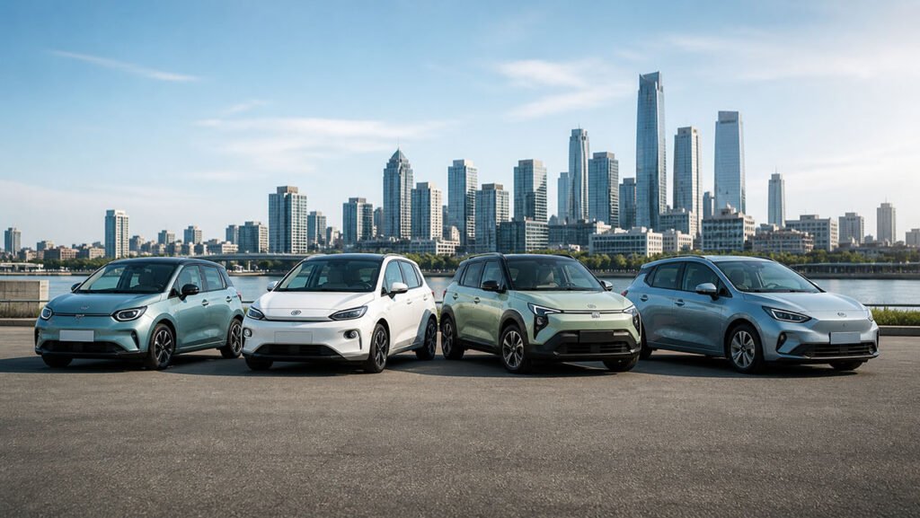 Affordable electric vehicle lineup in a modern city with four budget EVs centered in a clean editorial scene