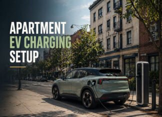 Apartment EV Charging Setup Guide: How to Charge an EV Without a Private Garage Editorial illustration discussing apartment EV charging setup