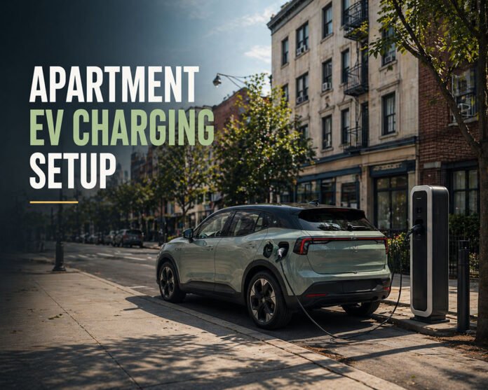 Editorial illustration discussing apartment EV charging setup