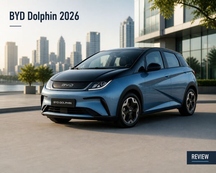 BYD Dolphin 2026 exterior compact electric hatchback in modern city setting