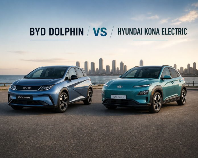 BYD Dolphin and Hyundai Kona Electric shown side by side in a clean featured image for an affordable EV comparison article.