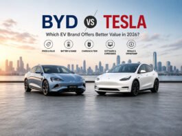 BYD vs Tesla: Which EV Brand Offers Better Value in 2026? BYD vs Tesla 2026 comparison showing electric sedan and SUV in modern city with focus on EV value and performance