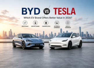 BYD vs Tesla: Which EV Brand Offers Better Value in 2026? BYD vs Tesla 2026 comparison showing electric sedan and SUV in modern city with focus on EV value and performance