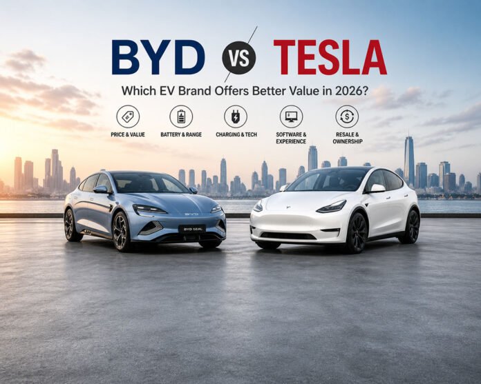 BYD vs Tesla 2026 comparison showing electric sedan and SUV in modern city with focus on EV value and performance