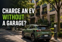 Can You Charge an EV Without a Garage? A Real-World Guide Featured image showing a green electric car charging on a residential street outside an apartment building without a garage.