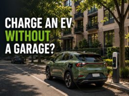 Can You Charge an EV Without a Garage? A Real-World Guide Featured image showing a green electric car charging on a residential street outside an apartment building without a garage.