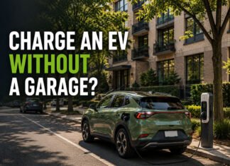 Can You Charge an EV Without a Garage? A Real-World Guide Featured image showing a green electric car charging on a residential street outside an apartment building without a garage.