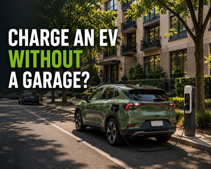 Featured image showing a green electric car charging on a residential street outside an apartment building without a garage.
