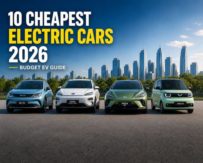 Cheapest electric cars 2026 lineup with left aligned headline and safe spacing for thumbnail cropping