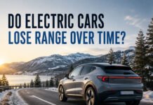 Do Electric Cars Lose Range Over Time? Battery Degradation Guide Featured image for an EV battery degradation guide showing an electric car driving through winter conditions with a clean editorial headline.