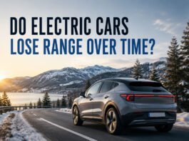 Do Electric Cars Lose Range Over Time? Battery Degradation Guide Featured image for an EV battery degradation guide showing an electric car driving through winter conditions with a clean editorial headline.