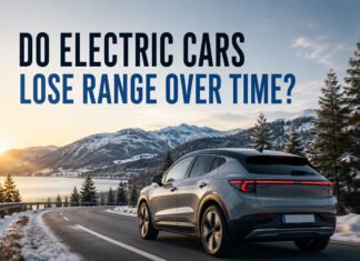 Do Electric Cars Lose Range Over Time? Battery Degradation Guide Featured image for an EV battery degradation guide showing an electric car driving through winter conditions with a clean editorial headline.
