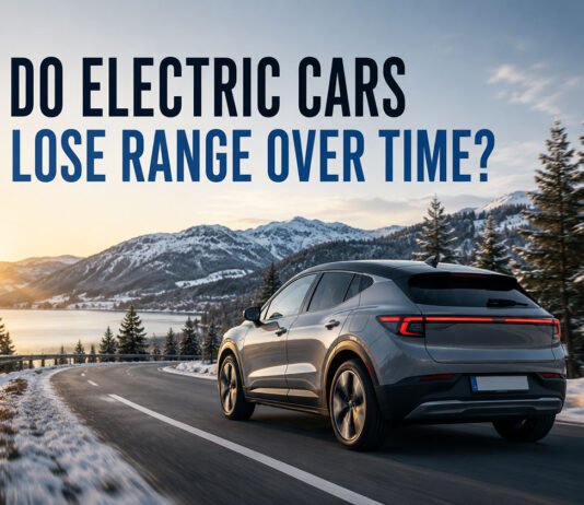 Do Electric Cars Lose Range Over Time? Battery Degradation Guide Featured image for an EV battery degradation guide showing an electric car driving through winter conditions with a clean editorial headline.