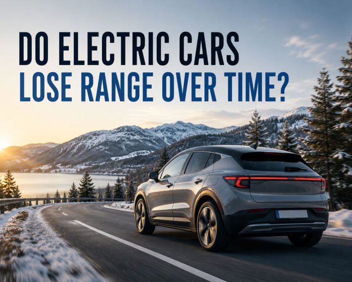 Featured image for an EV battery degradation guide showing an electric car driving through winter conditions with a clean editorial headline.