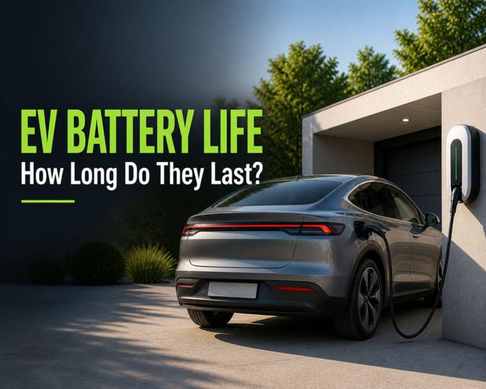 EV battery life how long electric car batteries last featured image with electric vehicle charging at home