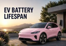 How Long Do EV Batteries Really Last? Lifespan, Degradation and Warranty Explained Editorial illustration of a light pink electric vehicle representing EV battery lifespan and long-term ownership. How Long Do EV Batteries Really Last