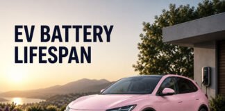 How Long Do EV Batteries Really Last? Lifespan, Degradation and Warranty Explained Editorial illustration of a light pink electric vehicle representing EV battery lifespan and long-term ownership. How Long Do EV Batteries Really Last