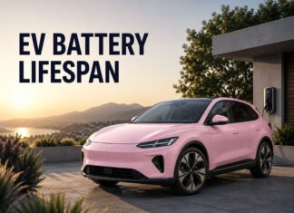 How Long Do EV Batteries Really Last? Lifespan, Degradation and Warranty Explained Editorial illustration of a light pink electric vehicle representing EV battery lifespan and long-term ownership. How Long Do EV Batteries Really Last