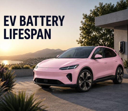 How Long Do EV Batteries Really Last? Lifespan, Degradation and Warranty Explained Editorial illustration of a light pink electric vehicle representing EV battery lifespan and long-term ownership. How Long Do EV Batteries Really Last
