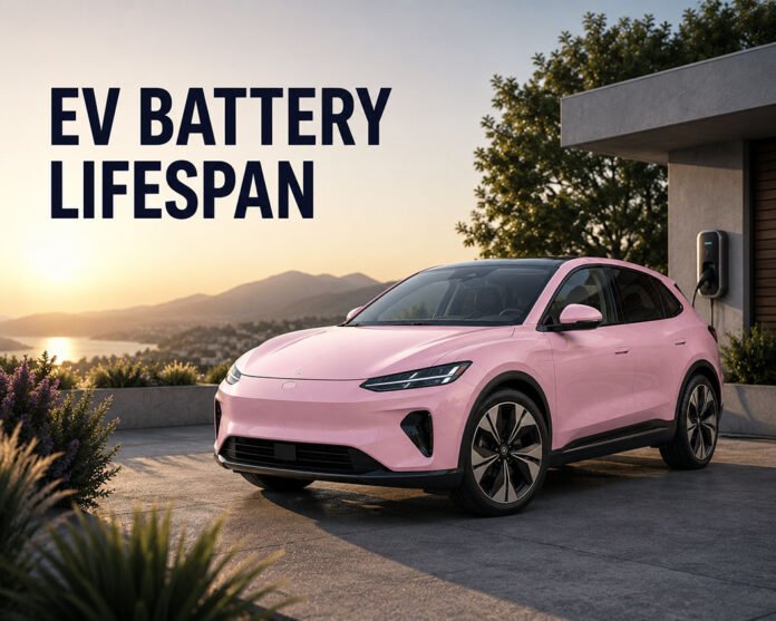 Editorial illustration of a light pink electric vehicle representing EV battery lifespan and long-term ownership. How Long Do EV Batteries Really Last