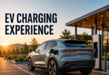 EV Charging Experience: Which Brands Make Charging Less Annoying? Featured image showing a modern electric vehicle charging at a premium public EV station during sunset.