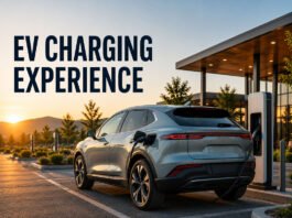 EV Charging Experience: Which Brands Make Charging Less Annoying? Featured image showing a modern electric vehicle charging at a premium public EV station during sunset.
