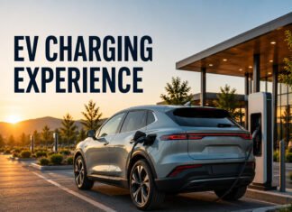 EV Charging Experience: Which Brands Make Charging Less Annoying? Featured image showing a modern electric vehicle charging at a premium public EV station during sunset.