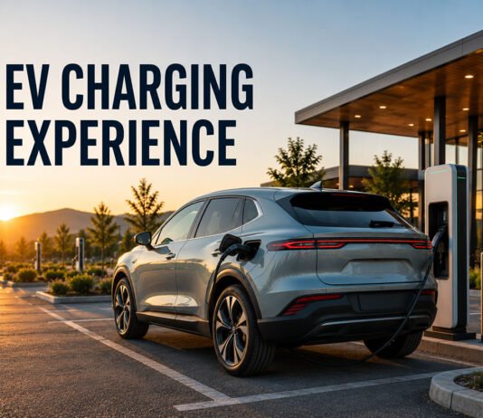 EV Charging Experience: Which Brands Make Charging Less Annoying? Featured image showing a modern electric vehicle charging at a premium public EV station during sunset.