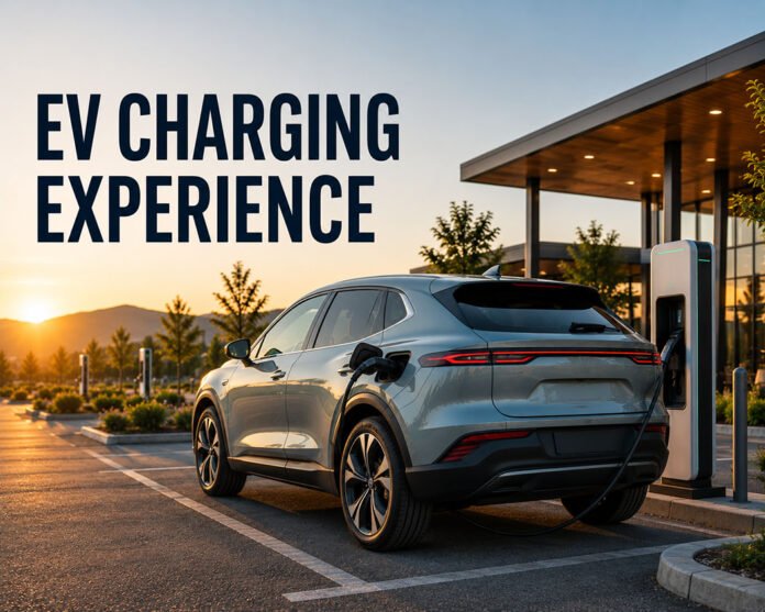 Featured image showing a modern electric vehicle charging at a premium public EV station during sunset.