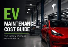 How Much Does EV Maintenance Really Cost? Real-World Ownership Guide Featured image for an EV maintenance cost guide showing a red electric car in a modern service bay with a bold editorial headline and subtitle.