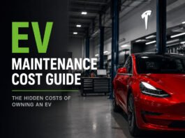 How Much Does EV Maintenance Really Cost? Real-World Ownership Guide Featured image for an EV maintenance cost guide showing a red electric car in a modern service bay with a bold editorial headline and subtitle.