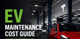 How Much Does EV Maintenance Really Cost? Real-World Ownership Guide Featured image for an EV maintenance cost guide showing a red electric car in a modern service bay with a bold editorial headline and subtitle.