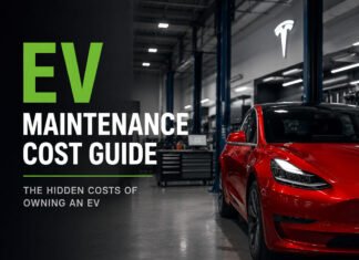 How Much Does EV Maintenance Really Cost? Real-World Ownership Guide Featured image for an EV maintenance cost guide showing a red electric car in a modern service bay with a bold editorial headline and subtitle.