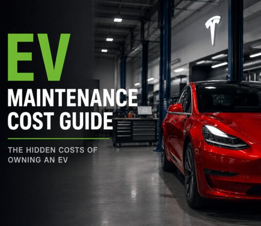 How Much Does EV Maintenance Really Cost? Real-World Ownership Guide Featured image for an EV maintenance cost guide showing a red electric car in a modern service bay with a bold editorial headline and subtitle.