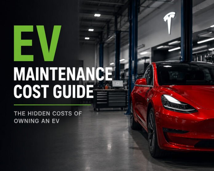 Featured image for an EV maintenance cost guide showing a red electric car in a modern service bay with a bold editorial headline and subtitle.