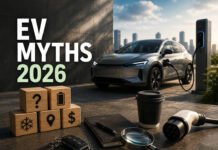 EV Myths That Are Still Wrong in 2026 Editorial illustration discussing common EV myths in 2026