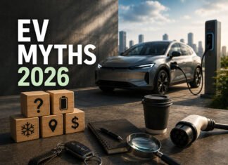 EV Myths That Are Still Wrong in 2026 Editorial illustration discussing common EV myths in 2026