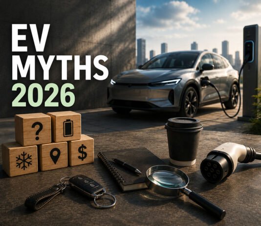 EV Myths That Are Still Wrong in 2026 Editorial illustration discussing common EV myths in 2026